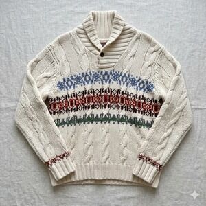 Original Penguin Sweater Mens XL Cream Wool‎ Fair Isle Cable Knit Grandpa Core